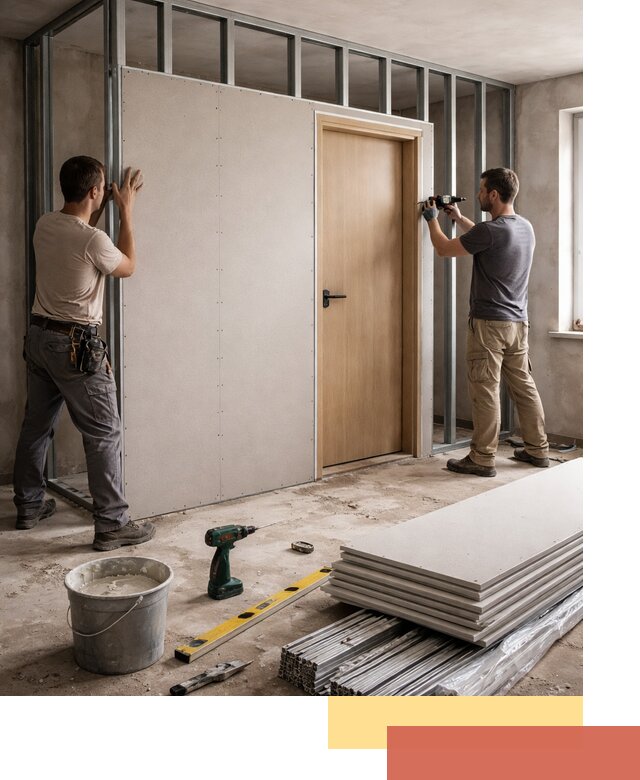 Перегородка из гипсокартона с дверью под ключ в Невинномысске