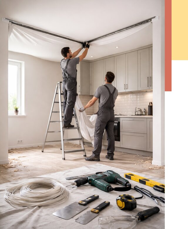 Установка натяжного потолка на кухне в Невинномысске от 2455 руб. | ОТДЕЛОЧНИК-Нвн